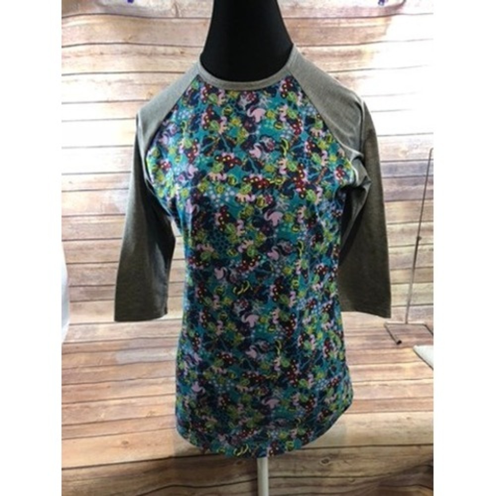 LuLaRoe Randy Baseball Tee Small Teal Purple Floral Raglan 3/4 Sleeve Top